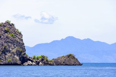 Langkawi, Malezya üzerinde tropik sahilde denize yakın kayalık küçük ada