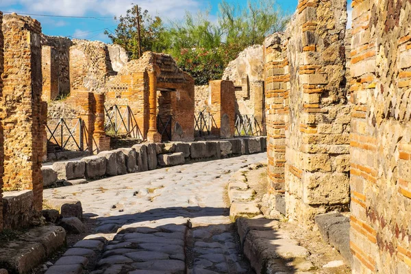 Ancient paved street is recovered in the middle of Roman ruins in Pompeii, Italy. Popular tourist destination.