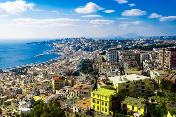 Aerial view from hilltop over Naples, Italy. View on Old Town of Naples from Castel Sant'Elmo. Houses built close to each other, closely.