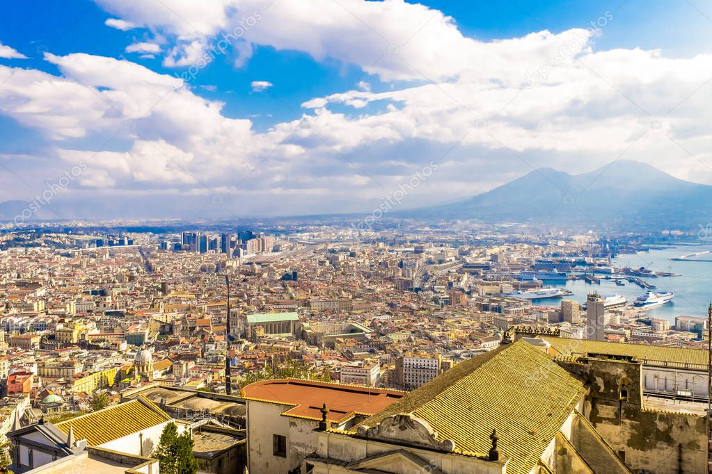 Napoli or Naples and mount Vesuvius in the background in a summer day, Italy, Campania