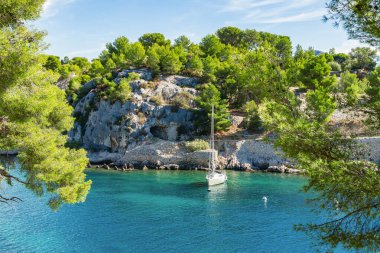 Deniz fiyordunda beyaz yelkenli bir yat. Provence 'deki Ulusal Calanques Parkı.
