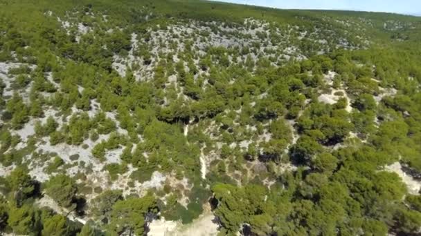 Воздушный клип над живописными пляжами Calanques de Port Pin, Франция, Средиземное море . — стоковое видео