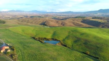 Hava görüntüleri, Tuscany, İtalya 'da günbatımında muhteşem üzüm bağları.