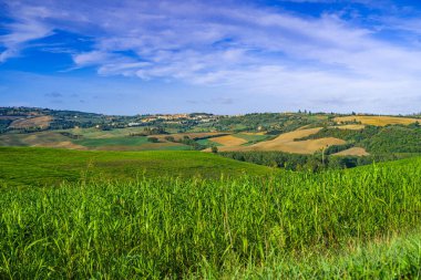 Toskana - Val d 'Orcia' nın gündoğumunda manzara manzarası
