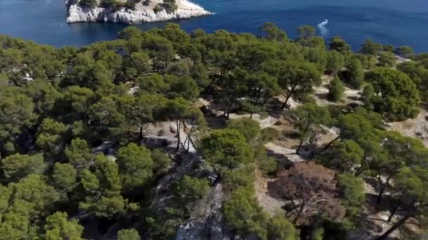 Clip aéreo sobre el paisaje de Calanques, situado en el sur de Francia en el mar Mediterráneo . — Vídeos de Stock