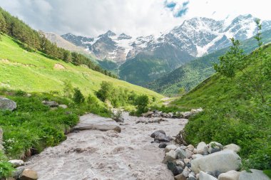 Vadideki dağ nehri ve arka plandaki buzullar. Kafkasya 'nın güzel manzarası