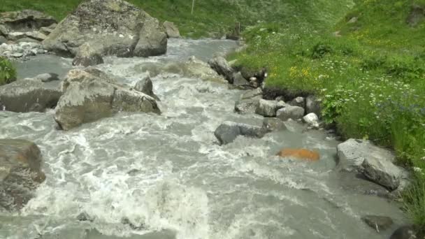 Fluxo de rio de montanha em câmera lenta, geleira derreter água derramando sobre a pedra — Vídeo de Stock