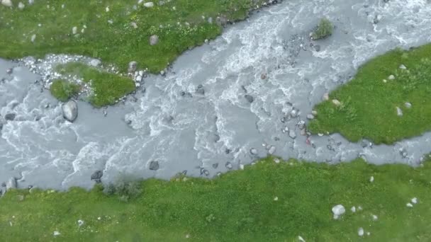 Fiume di montagna con costa di pietra e foresta forte torrente di fiume di montagna — Video Stock