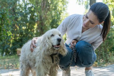 Aile hayvanı, köpek ve insan konsepti. Parkta köpekli bir kadına yakın olmak.
