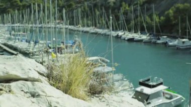 Deniz fiyordunda beyaz yelkenli yatlar. Provence 'deki Ulusal Calanques Parkı