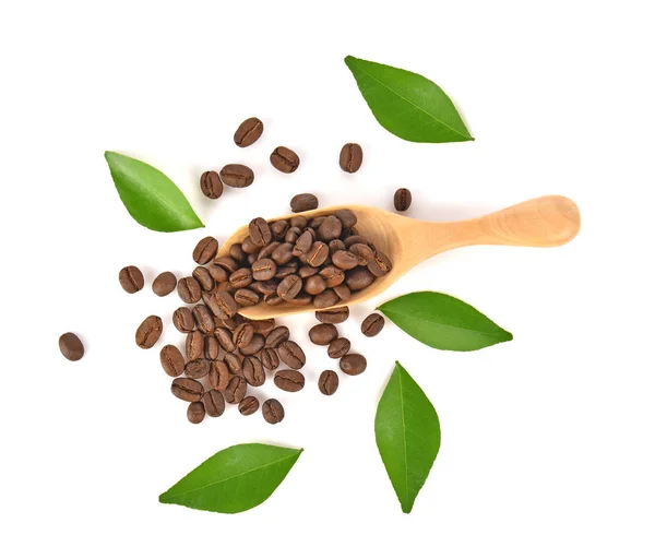 Top View Coffee Beans Wooden Spoon White Background — Stock Photo, Image