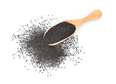 Kaşık susam beyaz arka plan üzerinde yukarıdan