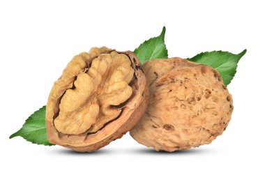 Beyaz arkaplanda yapraklı cevizler