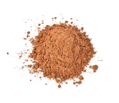 Üstten görünüm beyaz arka plan üzerinde izole kakao powderl 