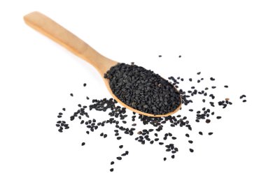 Kaşık susam beyaz arka plan üzerinde yukarıdan