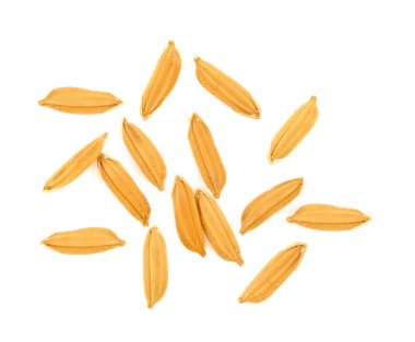 Beyaz arka plan üzerinde izole pirinç tanelerinin üstten görünüm