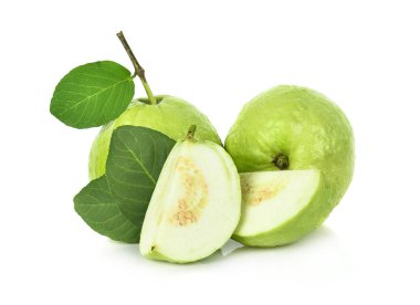 Guava with green leaf on white background