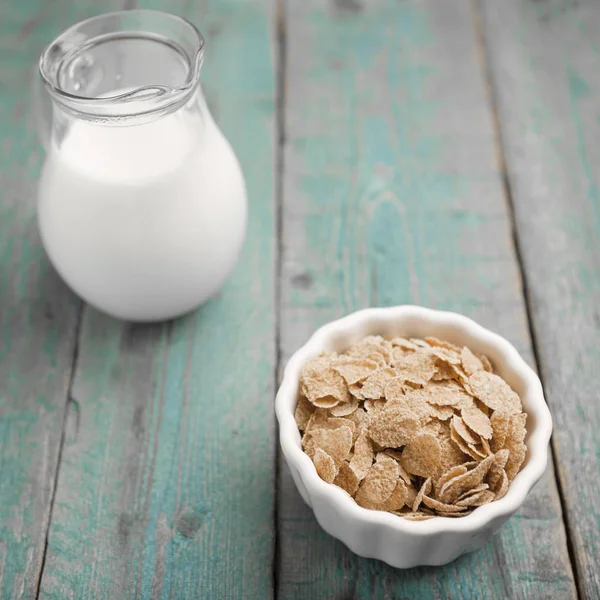 Cornflake Cereals White Bowl Jug Milk Blue Old Wooden Background — Stock Photo, Image