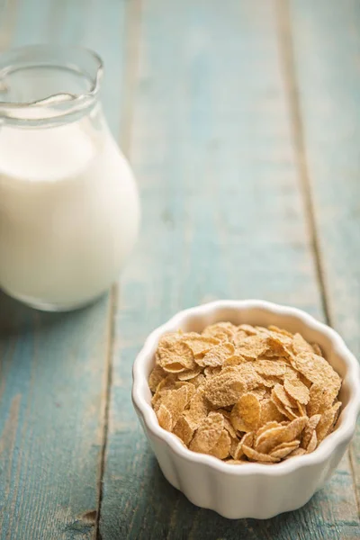 Cornflake Cereals White Bowl Jug Milk Blue Old Wooden Background — Stock Photo, Image