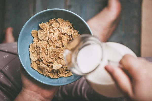 Woman Hold Sky Blue Colored Bowl Tasty Cereal Corn Flakes — Stock Photo, Image