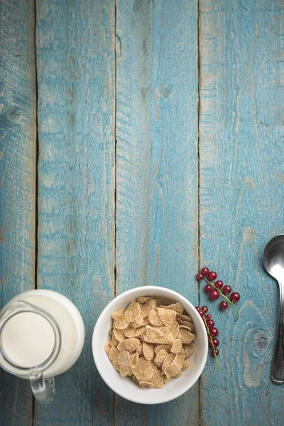 Organic Corn Oat Cereal Barley Flakes Blue Porcelain Bowl Red — Stock Photo, Image