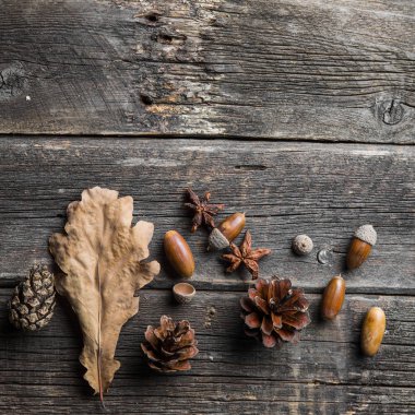 Sonbahar kompozisyon. Kurutulmuş sonbaharında yapılan çerçeve yaprakları, meşe palamutları, çam kozalakları koyu ahşap antika arka plan üzerinde. Sonbahar, Güz, arka plan. Düz yatıyordu, en iyi görünüm, kopya alanı