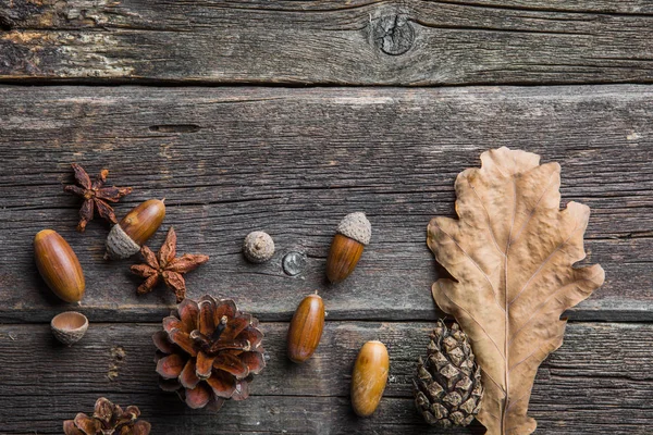 Herbstkomposition Rahmen Aus Herbstlich Getrockneten Blättern Eicheln Tannenzapfen Auf Dunklem — Stockfoto