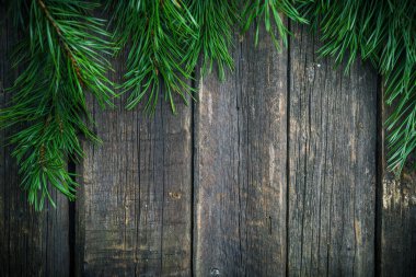 Eski bir ahşap zemin üzerine yeşil çam dalları,