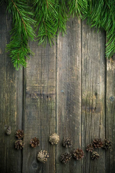 Fondo Madera Navidad Con Abeto Piñas — Foto de Stock