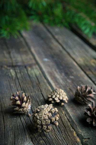 Christmas Wooden Background Fir Tree Pinecones — Stock Photo, Image