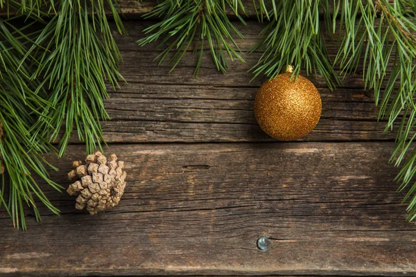 Yellow Christmas Ball Pine Cone Pine Fir Branch Old Worn — Stock Photo, Image