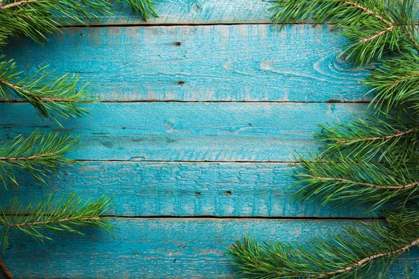 Zelené Jedlové Větve Dřevěné Modré Textury Vánoční Novoroční Zimní Pozadí — Stock fotografie