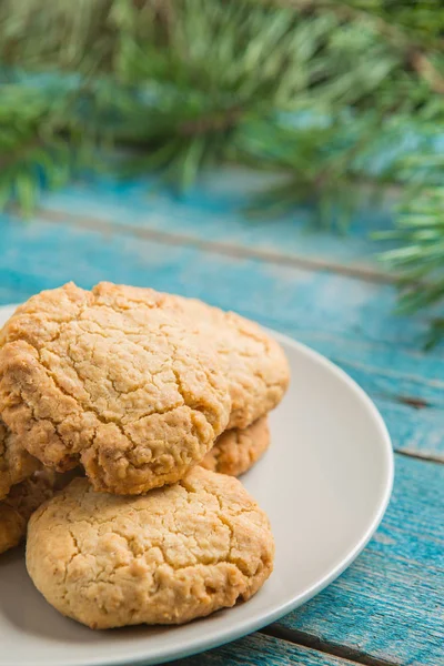Versgebakken Homemade Cookies Hemelsblauw Rustieke Houten Achtergrond — Stockfoto