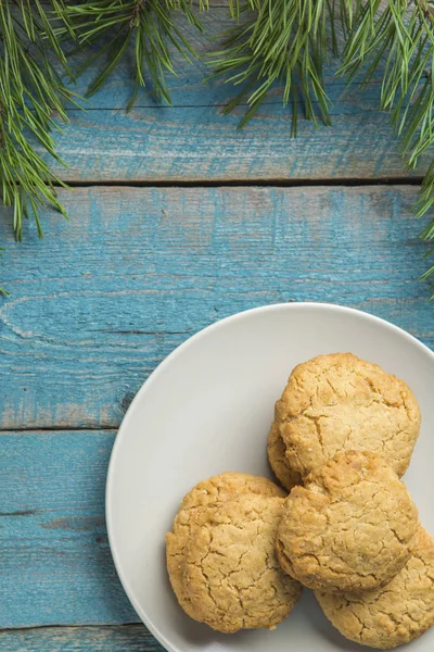 Friskbagt Hjemmelavede Cookies Himmelblå Rustik Træbaggrund - Stock-foto