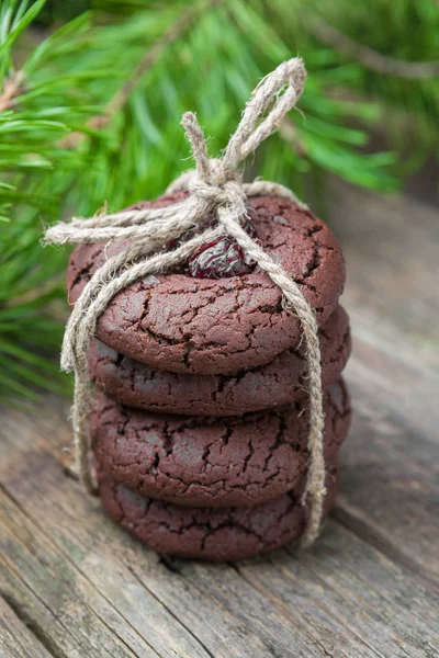 Homemade Chocolate Cookies Wrapped Twine Wooden Table Background Food Baking — Stock Photo, Image