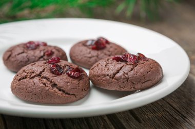 Ev yapımı Noel ve yeni yıl Çikolata Çerezler ile kızılcık ahşap masa arka plan üzerinde.