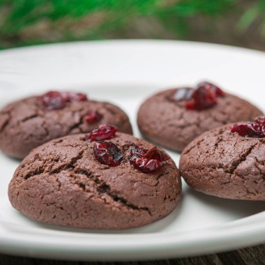 Ev yapımı Noel ve yeni yıl Çikolata Çerezler ile kızılcık ahşap masa arka plan üzerinde.