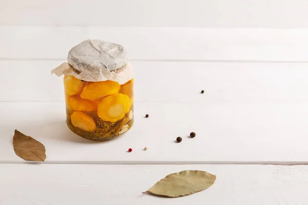 Jar with canned vegetables on white background — Stock Photo, Image