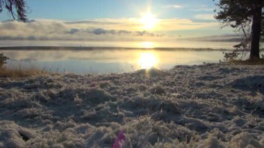 Yellowstone Gölü üzerinde kar ve günbatımı'nın Refection