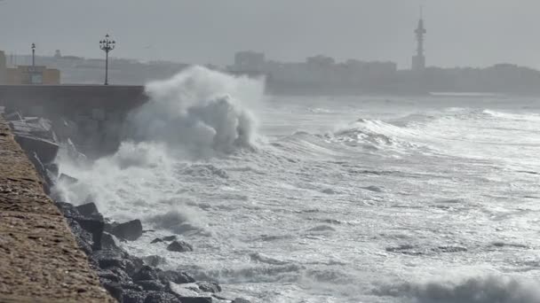 Fortes Vagues Océaniques Sont Brisées Puissamment Contre Mur Mer Lors — Video