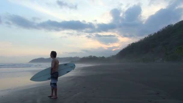 Surfer Zoek Het Strand Horizon — Stockvideo