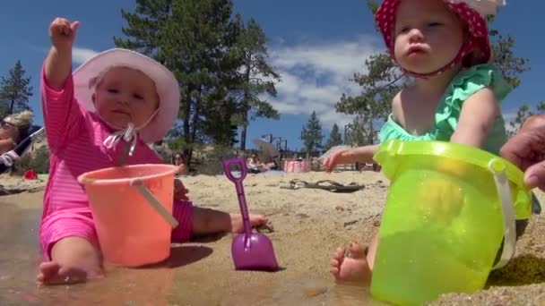 Two Cute Happy Babies Playing Pails Enjoying Beach — Stock Video