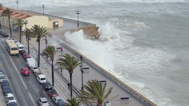 Ondas Enormes Pulverizando Fotógrafo Transeunte Caminho Campo Del Sur Cádiz — Vídeo de Stock