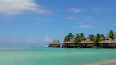 Turkuaz okyanus su ile kulübe ve turist: Tahiti, Moorea, Fransız Polinezyası