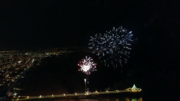 Légi Felvétel Gyönyörű Tűzijáték Jelenet Manhattan Beach Város Fényei — Stock videók