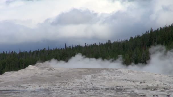 Old Faithful Yellowstone National Park Grey Geyser Mountains Its Background — Stock Video