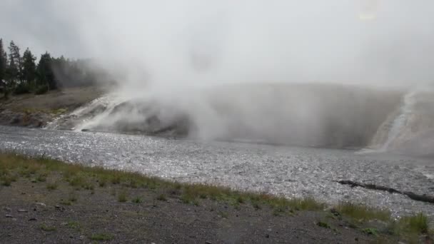 Ευρεία Γωνία Πυροβολισμό Του Ποταμού Steamy Κοντά Geyser Της Εθνικό — Αρχείο Βίντεο