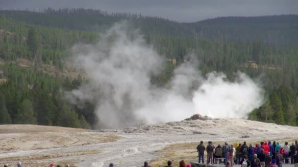 Tiro Espantado Turistas Observando Gêiseres Parque Nacional Yellowstone — Vídeo de Stock