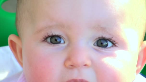 Bébé Curieux Avec Des Yeux Magnifiquement Colorés Gros Plan Regardant — Video