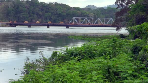 Colpo Treno Costante Che Passa Sul Ponte Del Canale Panama — Video Stock